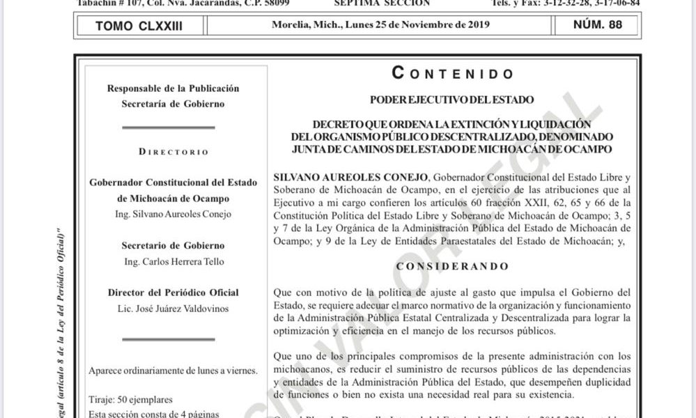  Con decreto, Silvano Aureoles extingue la Junta de Caminos