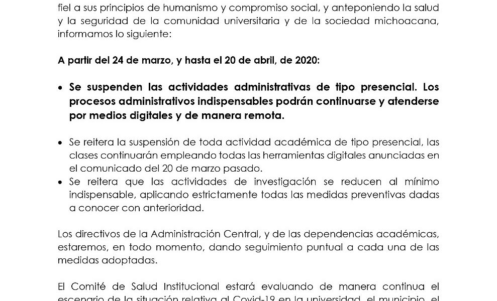  Suspende UMSNH actividades administrativas