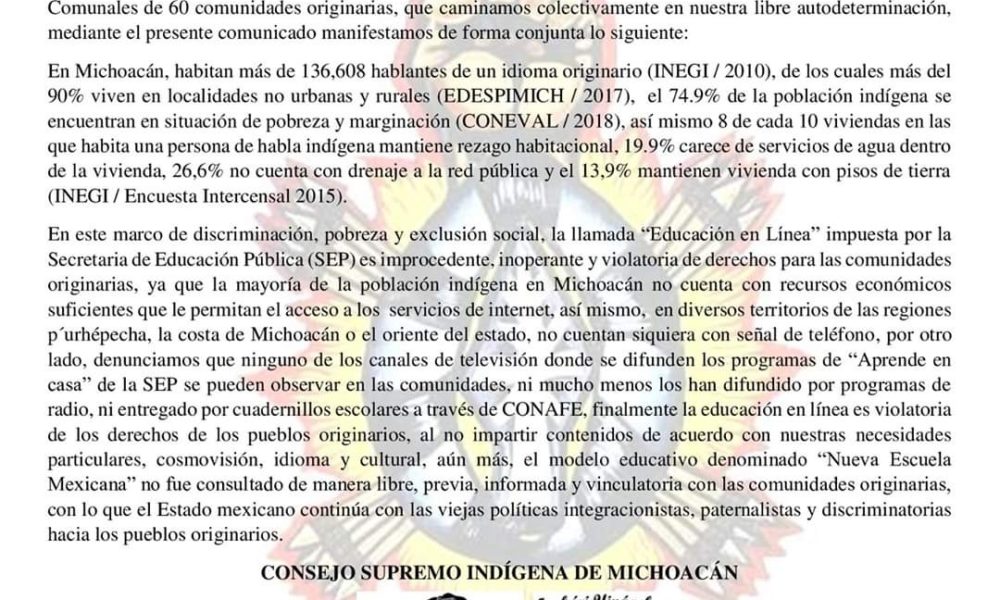  La educación en línea es improcedente, inoperante y violatoria de derechos para las comunidades originarias.
