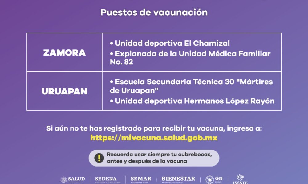  Inicia este jueves en Zamora y Uruapan vacunación a personas de 50 a 59 años