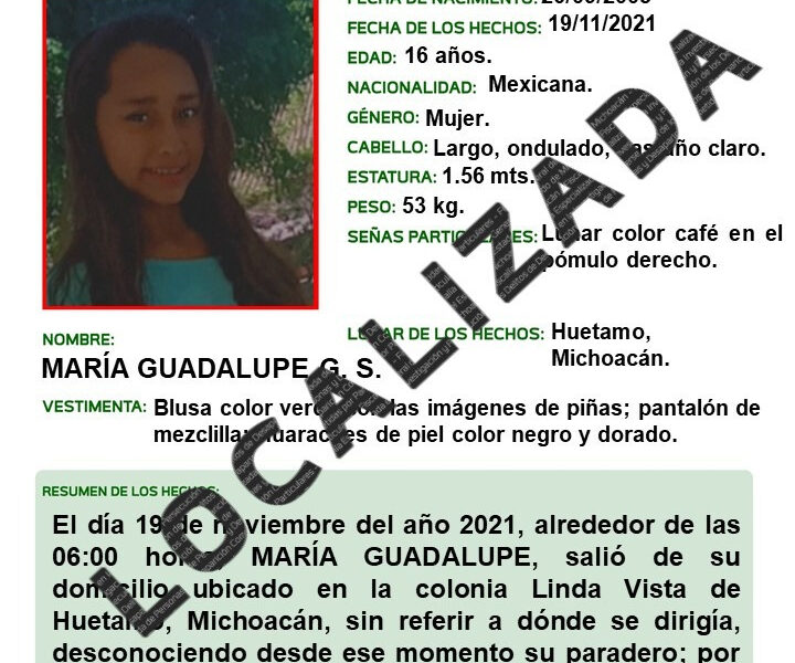  Localizan a adolescente reportada como desaparecida en Huetamo