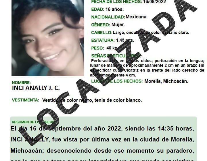  En Morelia, localiza Fiscalía General a adolescente de 16 años, reportada como desaparecida en esta ciudad