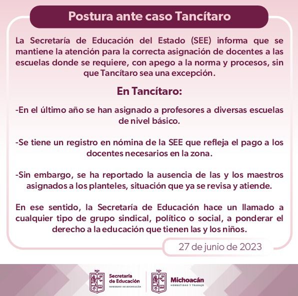 Tancítaro tiene maestros asignados se investiga ausencia: SEE 1 WhatsApp Image 2023 06 27 at 14.23.54