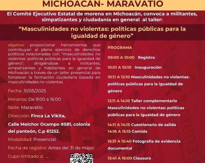 Convoca Morena Michoacán a taller sobre masculinidades no violentas
